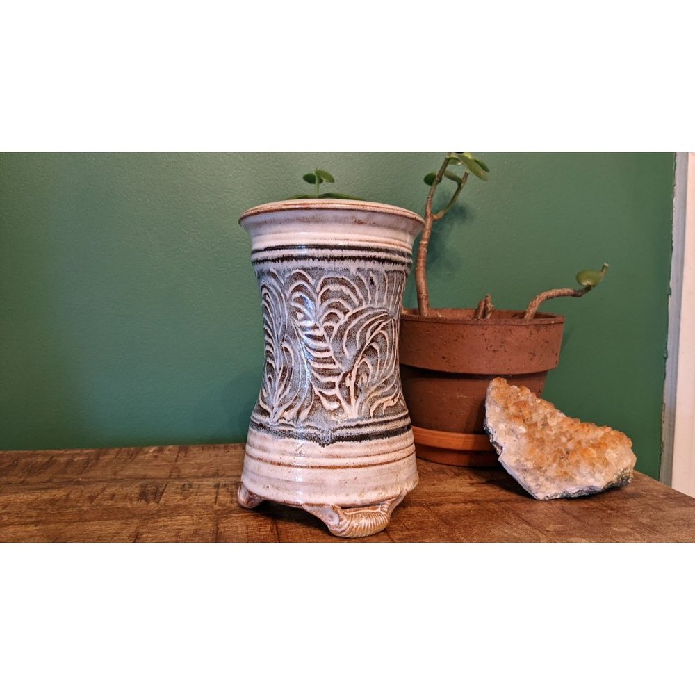 Vintage Hand Thrown Blue and White Leaves Art Pottery Vase
